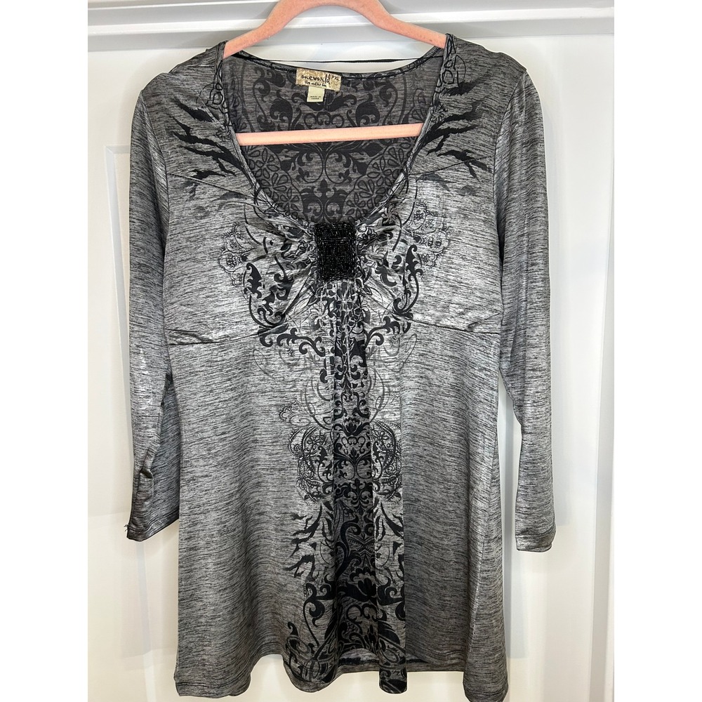 One World Womens Plus Size PXL Gray Black Scroll Embellished Long Sleeve Top